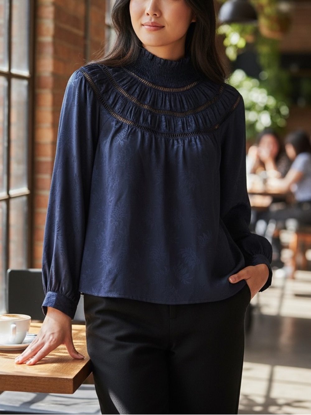 Vici Navy Smocked Jacquard Blouse